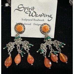 Estate Artisan Carnelian Swarovski Green Crystal Beaded Sterling Silver Earrings